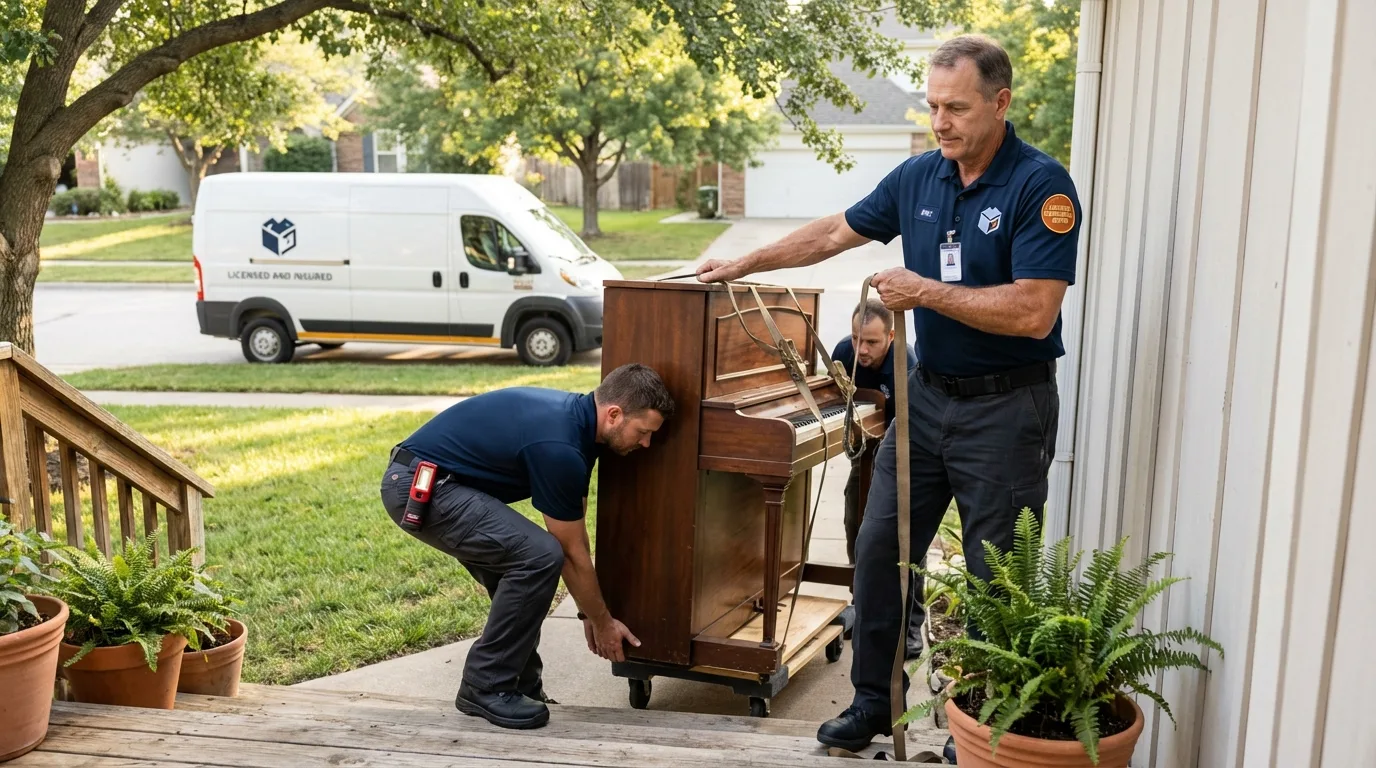 Licensed piano movers securing grand piano in Leadville, CO