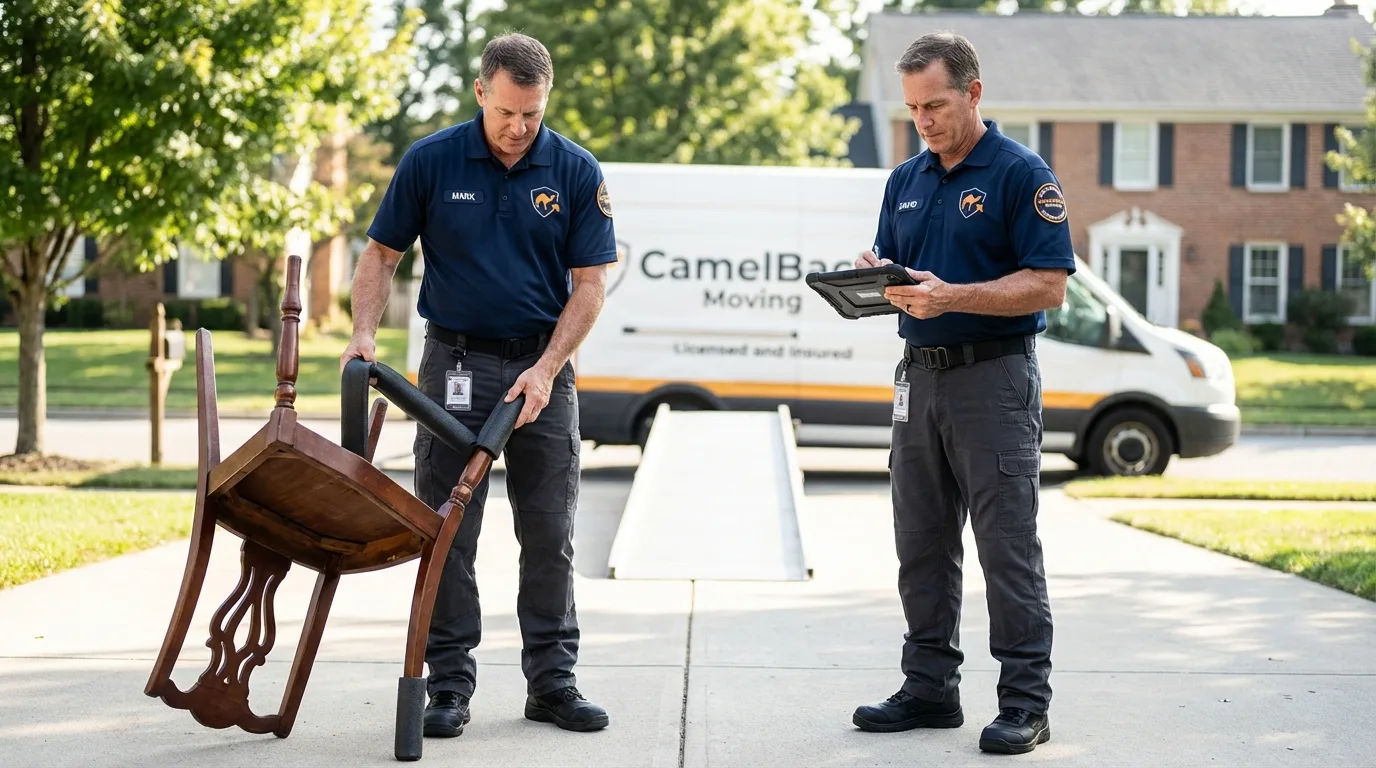Movers inspecting furniture for damage prevention before loading in Leadville, CO