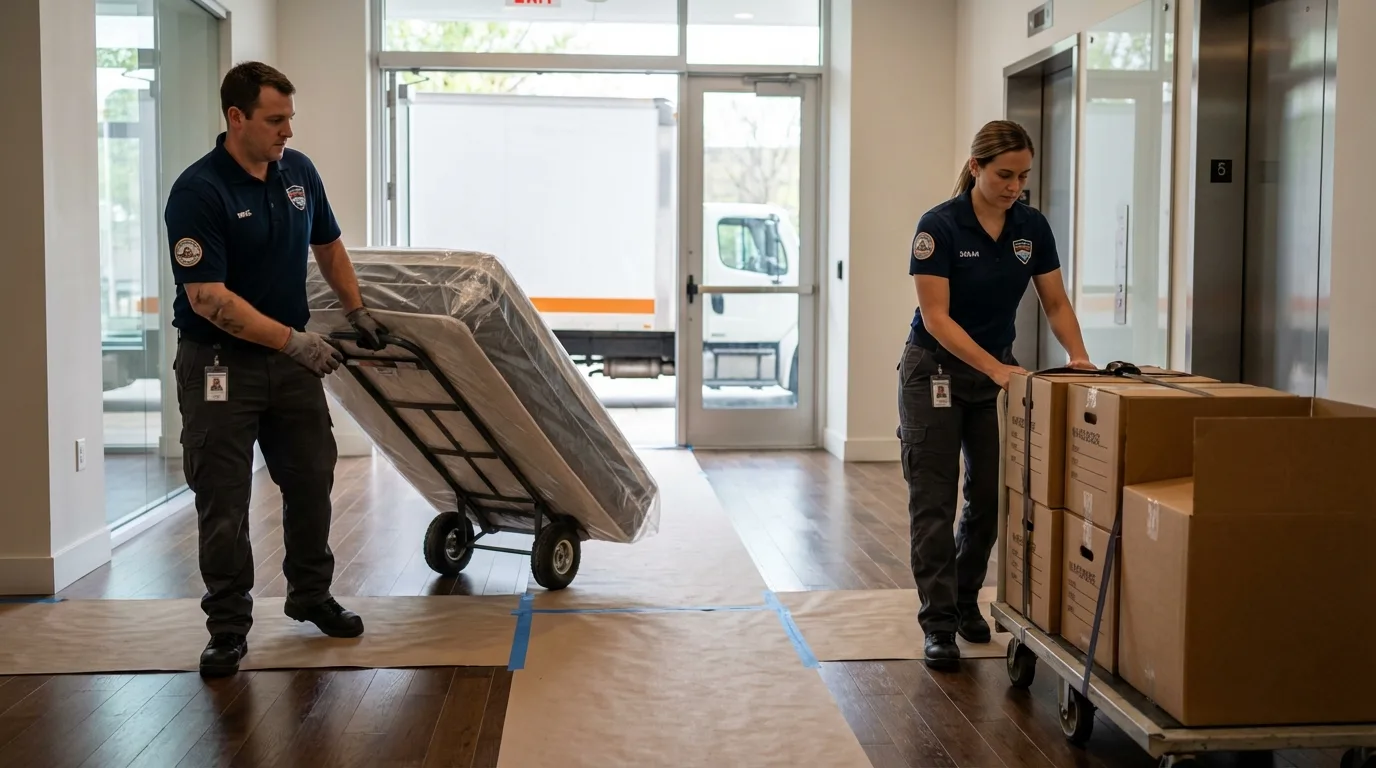 Professional apartment movers loading elevator in Leadville, CO